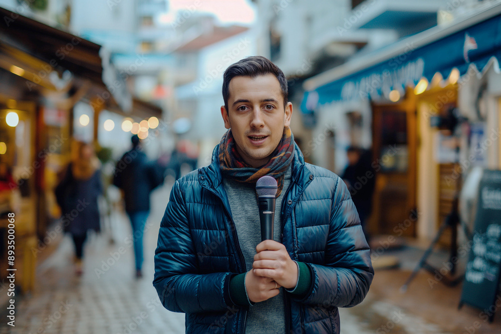 Obraz premium A handsome male journalist speaks into a microphone on the street and conveys important information. mass media