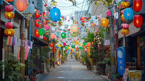 Japanese modern street decorated for Tanabata, colorful garlands, flags, and paper decorations, lights,  Festival, holiday, tradition, lanterns, without people, anybody