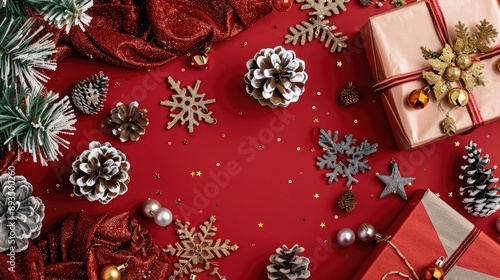 Top view of holiday decorations including glimmering stars, gift boxes, and chic tree embellishments on a red surface