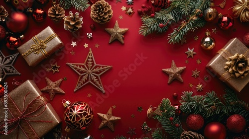Top view of holiday decorations including glimmering stars, gift boxes, and chic tree embellishments on a red surface