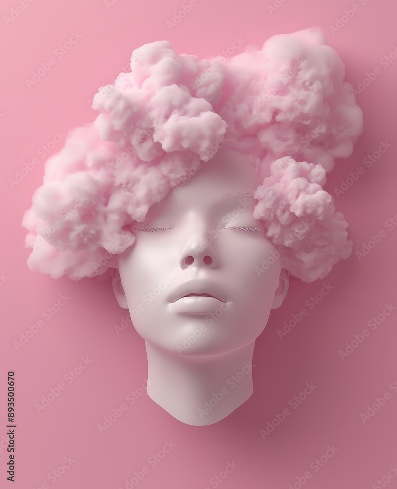 Naklejka premium Dreamy woman made of clouds closing her eyes on a pink background