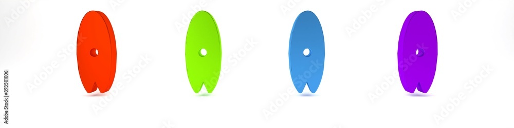 Colorful Surfboard icon isolated on white background. Surfing board. Extreme sport. Sport equipment. Minimalism concept. 3D render illustration Colorful Surfboard icon isolated on white background. Surfing board. Extreme sport. Sport equipment. Minimalism concept. 3D render illustration