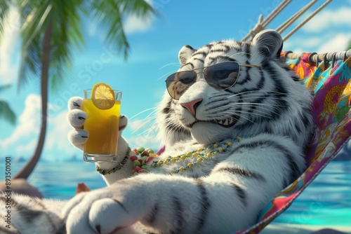 A cool tiger is sunbathing on a hammock, enjoying a refreshing drink on a tropical beach. Palm trees sway gently in the background, adding to the idyllic and relaxed atmosphere.