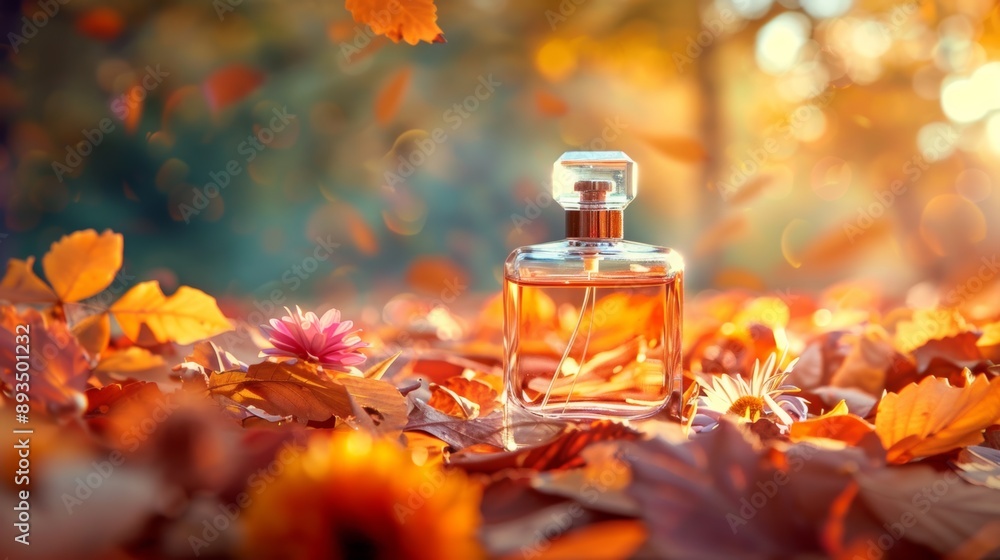 Clear glass bottle perfume on colorful fall leaves and autumn flowers background. Presenting a luxurious, luxurious fragrance with golden sunshine. Clear glass bottle perfume on colorful fall leaves and autumn flowers background. Presenting a luxurious, luxurious fragrance with golden sunshine.
