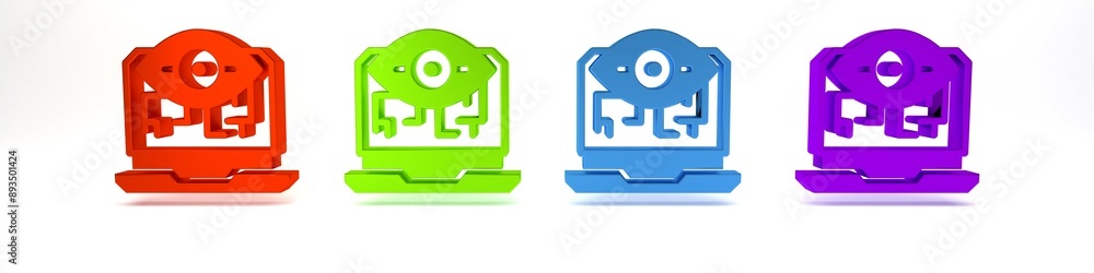 Colorful Computer vision icon isolated on white background. Technical vision, eye circuit, video surveillance system, augmented reality systems. Minimalism concept. 3D render illustration