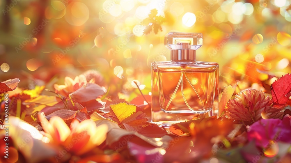 Clear glass bottle perfume on colorful fall leaves and autumn flowers background. Presenting a luxurious, luxurious fragrance with golden sunshine. Clear glass bottle perfume on colorful fall leaves and autumn flowers background. Presenting a luxurious, luxurious fragrance with golden sunshine.