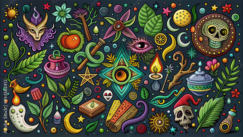 Naklejka premium Whimsical hand-drawn doodle illustrations of witchcraft symbols, mystical creatures, and magic design elements in a vibrant, intricate sketch style, perfect for artistic projects.