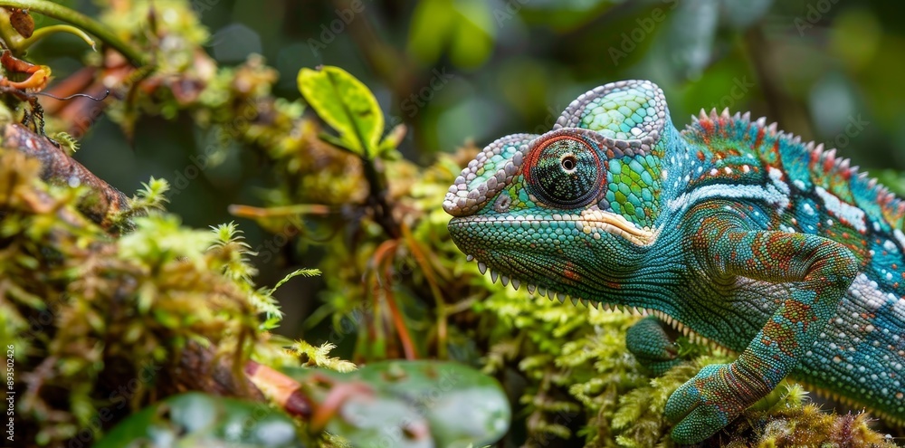 Colorful chameleon perched on moss against a misty forest backdrop, its multicolored scales standing out Colorful chameleon perched on moss against a misty forest backdrop, its multicolored scales standing out
