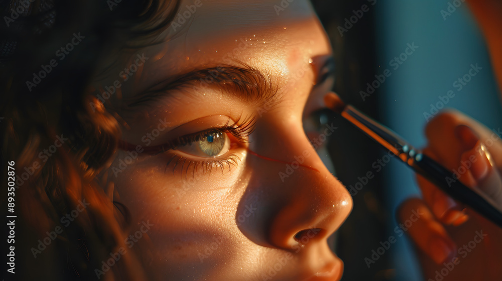 Fototapeta premium beautiful young woman applying eye makeup, subject to the right of the image,