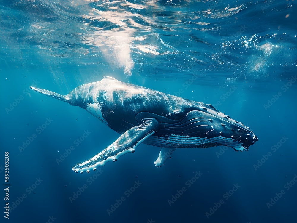 Fototapeta premium Majestic Humpback Whale Swimming Gracefully Through the Deep Blue Ocean