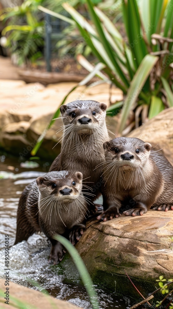 Four otters play in a pile of autumn leaves on a grassy lawn Four otters play in a pile of autumn leaves on a grassy lawn