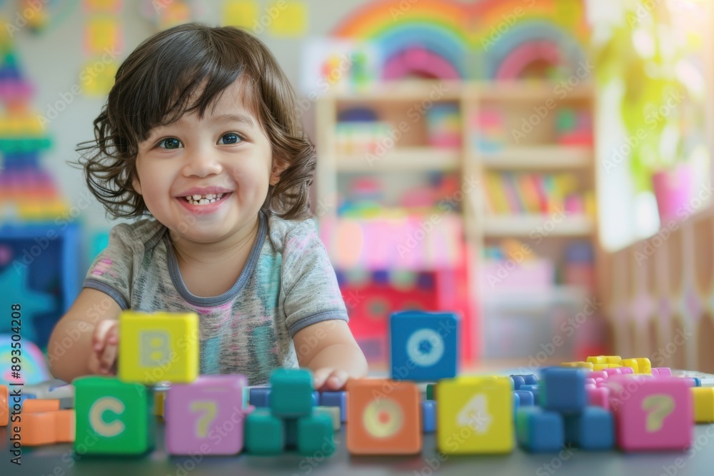 Smiling Toddler Playing with Alphabet Blocks Smiling Toddler Playing with Alphabet Blocks
