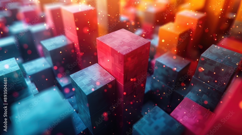 Colorful abstract 3D blocks in a digital cityscape with dynamic lighting and depth, creating a futuristic and vibrant atmosphere. Colorful abstract 3D blocks in a digital cityscape with dynamic lighting and depth, creating a futuristic and vibrant atmosphere.