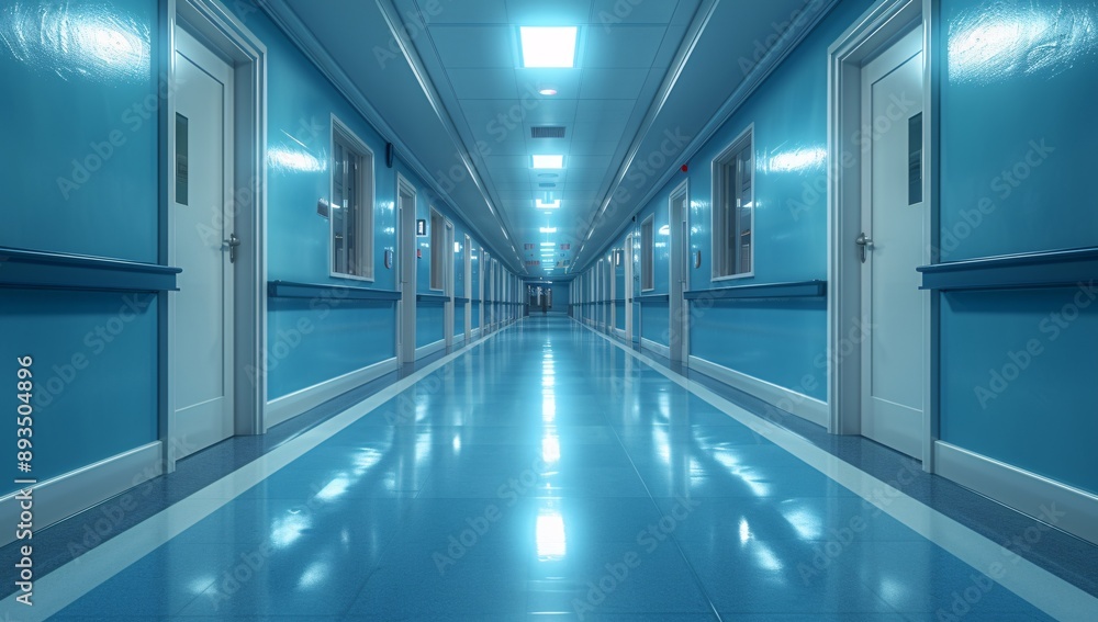 A peaceful hospital corridor featuring soft blue walls, conveying a calming atmosphere ideal for healthcare-related concepts. Invokes feelings of healing and safety. A peaceful hospital corridor featuring soft blue walls, conveying a calming atmosphere ideal for healthcare-related concepts. Invokes feelings of healing and safety.