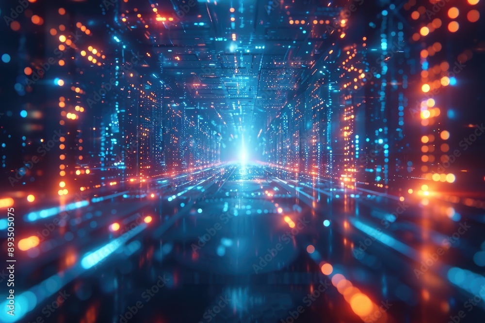 Futuristic digital data tunnel with glowing blue and orange lights representing advanced technology, information flow, and innovation. Futuristic digital data tunnel with glowing blue and orange lights representing advanced technology, information flow, and innovation.