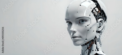 3D rendering of a robot woman smashing her head on a light background. Lots of white space, empty space