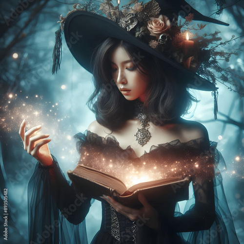 Enchanted Witch's Spellbook Halloween | The witch is deeply engrossed in an ancient spellbook, from which magical sparkles and light emanate, adding to the magical atmosphere. 