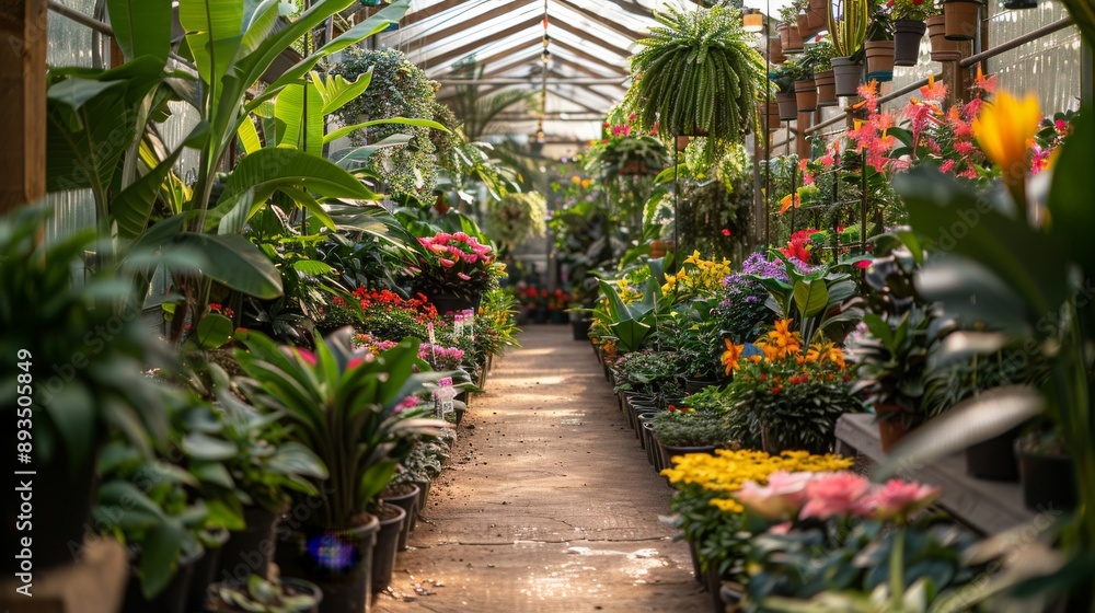 Lush indoor garden center pathway lined with vibrant flowers and plants, Concept of horticulture, greenery, and natural aesthetics Lush indoor garden center pathway lined with vibrant flowers and plants, Concept of horticulture, greenery, and natural aesthetics