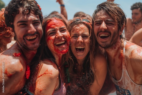 A group of friends revels in the festivities, drenched in red, their laughter and joy echoing amidst the vibrant atmosphere of La Tomatina festival.