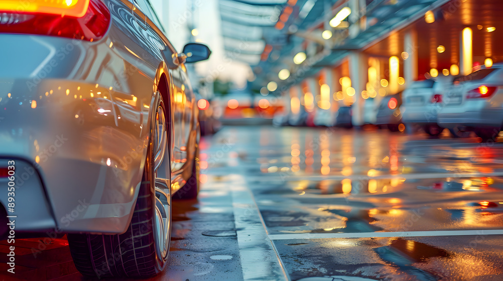 Obraz premium Car parked at outdoor parking lot. Used car for sale and rental service. Automobile parking area. Car dealership and dealer agent concept.