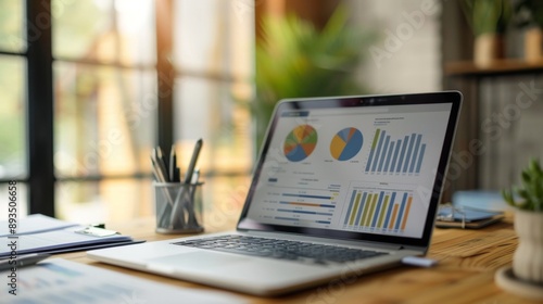 Person Reviewing Brochure Mockup on Laptop with Blurred Office Documents and Stationery in Background