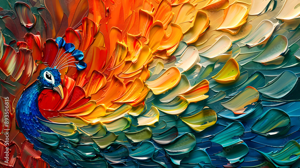 Fototapeta premium Abstract oil painting: colorful peacock tail painted with palette knife