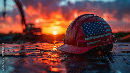 Construction helmet with American flag decal on a wet surface at sunset photo