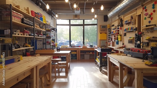 Spacious and well-organized workshop featuring tools, shelves, and natural light, ideal for DIY projects and creative activities in a community setting.