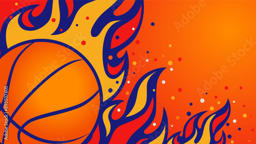 Basketball championship background design with sport ball in fire. Vector illustration flying basketball ball with red flame trails. Falling ball with long tongues