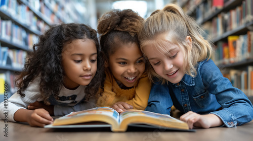 Three diverse young girls lying on the floor in a library, engrossed in a book, sharing a moment of discovery and friendship.