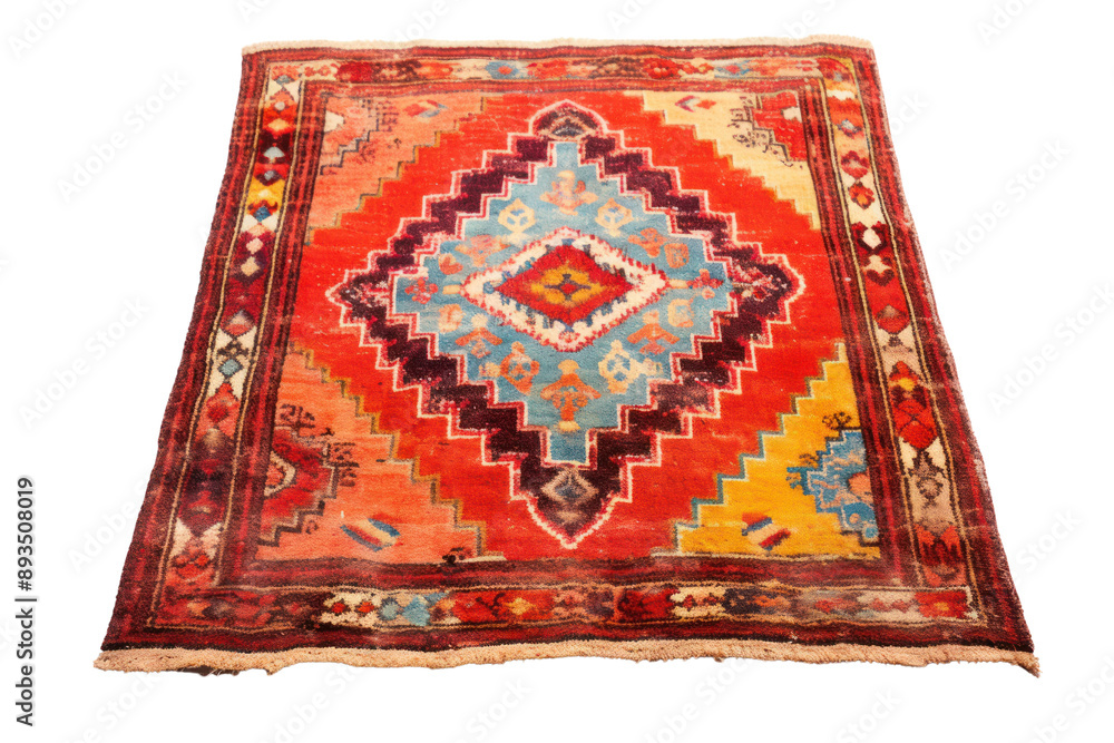 Turkish rug with vibrant colors and a central medallion, isolated on a white background. Turkish rug with vibrant colors and a central medallion, isolated on a white background.