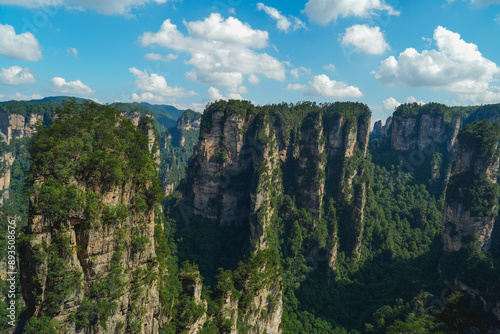 Zhangjiajie national forest park, China, Glass bridge of Zhangjiajie China Tianzishan with blue sky, concept of world heritage, avatar, heritage peak or cliff mountain, tourist attraction famous place