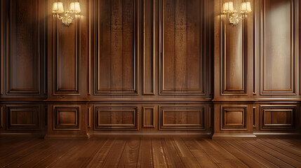 Classic premium luxury wood paneling wall background or texture. Highly crafted traditional wood paneling wall and floor, with a frame and column pattern