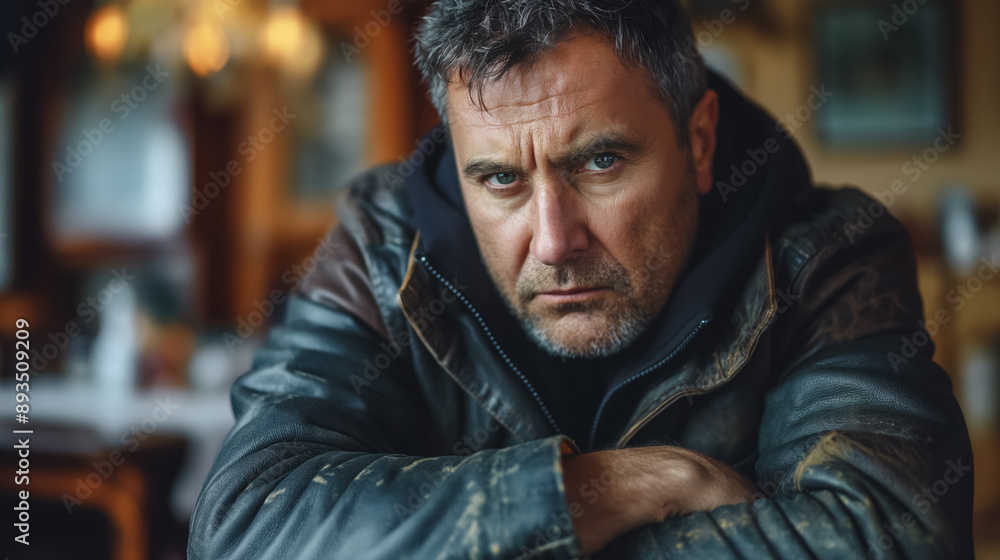 Rugged man in a leather jacket sitting with arms crossed, staring intently at the camera, exuding strength and determination, set in a dimly lit environment. Rugged man in a leather jacket sitting with arms crossed, staring intently at the camera, exuding strength and determination, set in a dimly lit environment.