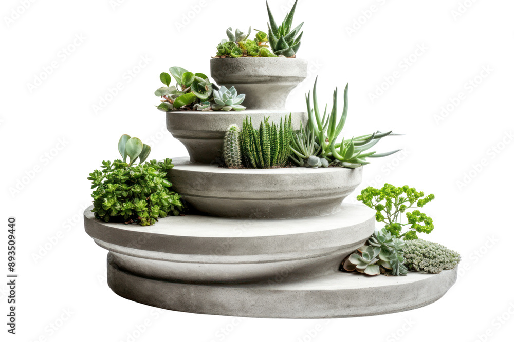 tiered concrete planter with multiple levels for displaying a variety of plants. Isolated on white background. tiered concrete planter with multiple levels for displaying a variety of plants. Isolated on white background.
