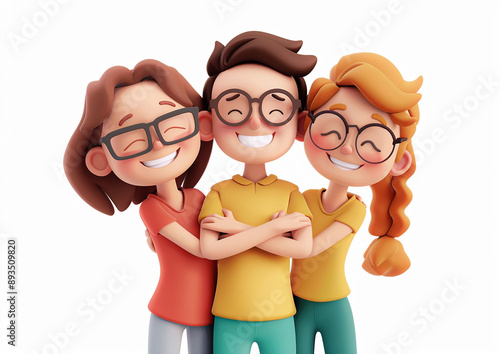 Friends hugging in celebration, Friendship Day, white background, 3D animation, cheerful scene, photo