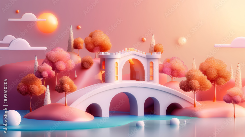 Whimsical architectural bridge surrounded by pastel colored trees and serene water under a dreamy sunset sky. Whimsical architectural bridge surrounded by pastel colored trees and serene water under a dreamy sunset sky.