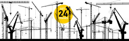 Collection of 24 tower construction cranes. Big set of silhouette crane working building. Illustration with building cranes isolated on white background. Vector black line art.