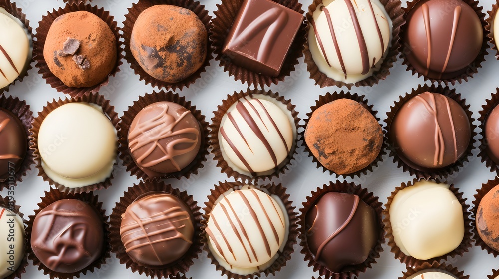 A row of chocolate truffles with different flavors and colors A row of chocolate truffles with different flavors and colors