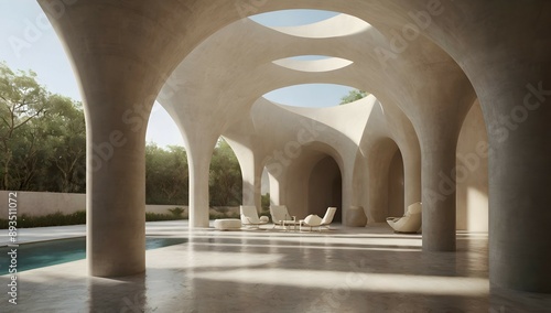 a vertical internal circular cylindre corridor with minimalist space, an ogive circular roof ,white sand