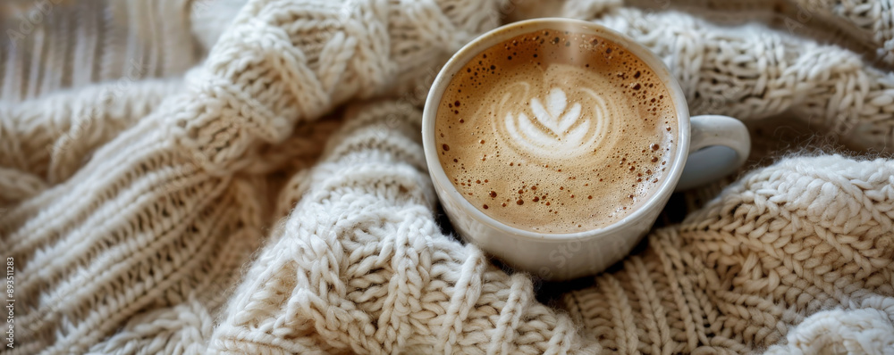 Top view of a hot coffee cup with a creamy cappuccino, placed on a cozy knitted coaster. The steam rising from the cup adds a sense of warmth and comfort. Top view of a hot coffee cup with a creamy cappuccino, placed on a cozy knitted coaster. The steam rising from the cup adds a sense of warmth and comfort.