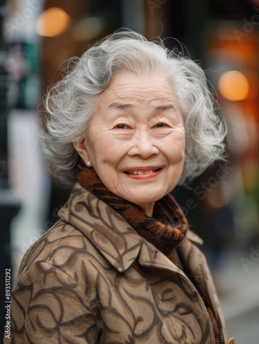 A woman with white hair and a brown coat is pictured