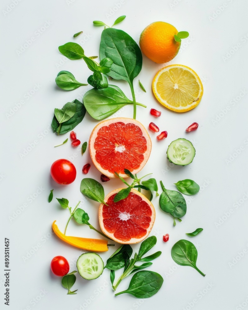 Naklejka premium Healthy Food Photography Surplus Calorie Combinations with Fruits and Vegetables on Diverse Backgrounds