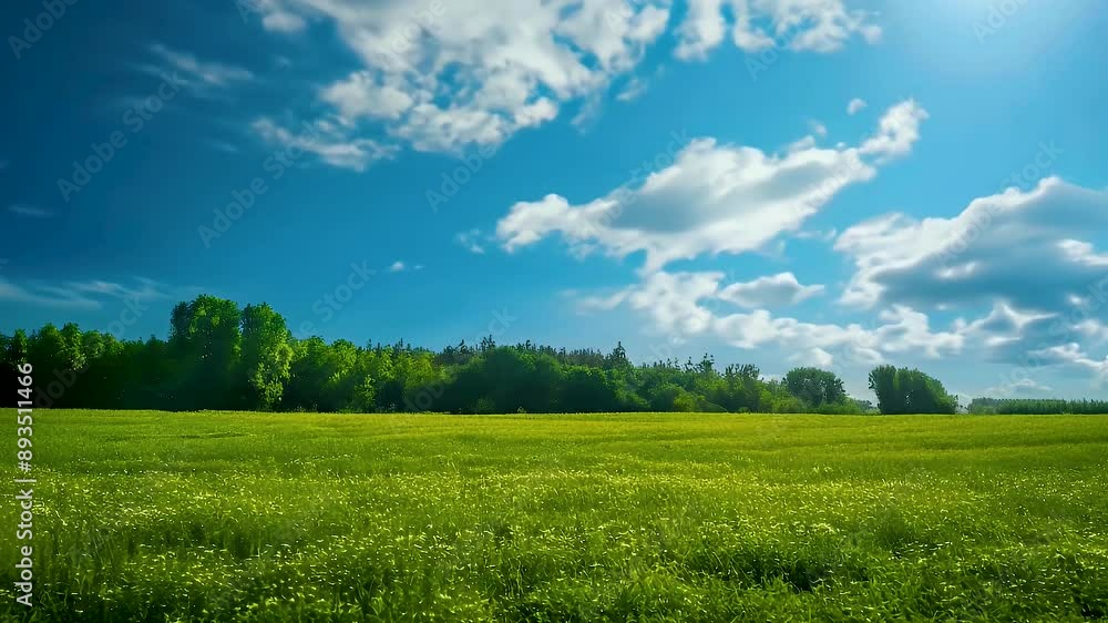 Clouds moving in clear blue sky over the green field and trees Clouds moving in clear blue sky over the green field and trees