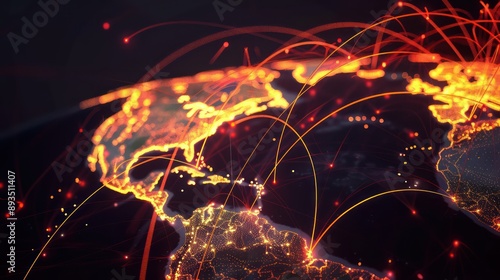digital visualization of a treasury's global payment optimization strategies, with pulsating lines connecting different countries