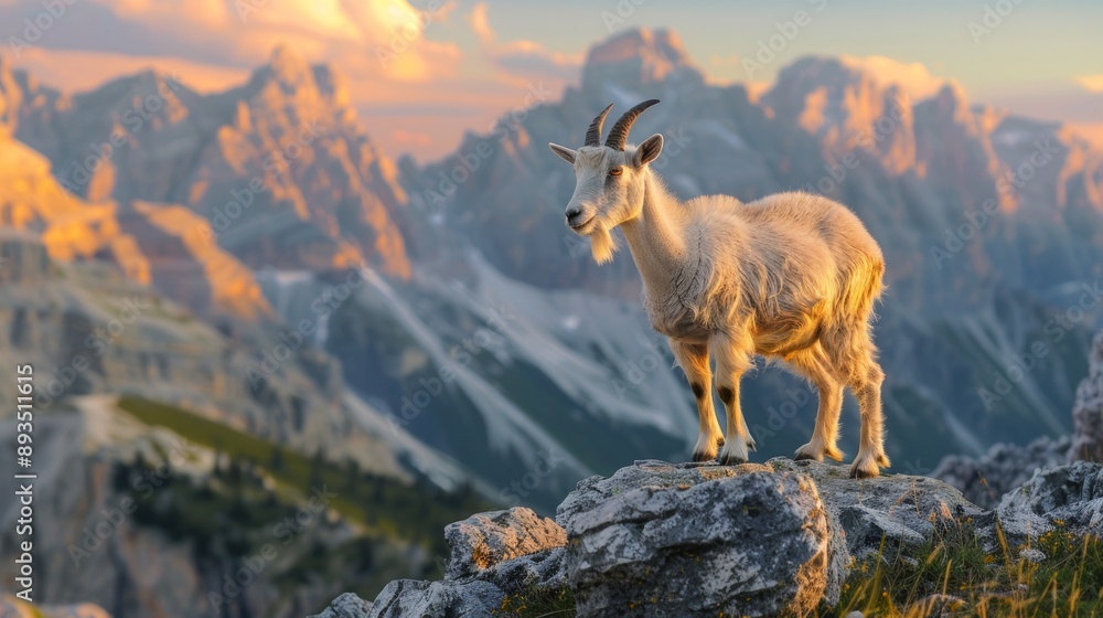 Obraz premium Mountain goat standing on rocky cliff with scenic view