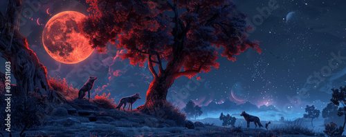 An enchanting night scene with a wolf pack gathered under the blood moon during a lunar eclipse, the red moonlight adding a sense of magic and mystery to the scene. © AI_images