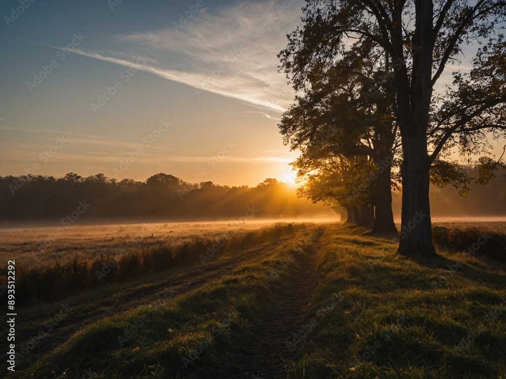Golden Sunrise over Tranquil Countryside Path Golden Sunrise over Tranquil Countryside Path