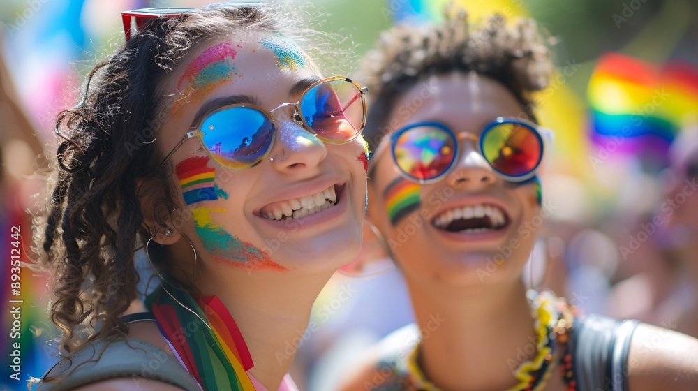 Two joyful friends embracing amidst vibrant Pride event colors, showcasing diversity and acceptance. A celebration of love and community spirit. Two joyful friends embracing amidst vibrant Pride event colors, showcasing diversity and acceptance. A celebration of love and community spirit.