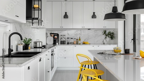 A modern Scandinavian kitchen with white cabinets, a marble countertop, and black fixtures, highlighted by bright yellow bar stools. photo